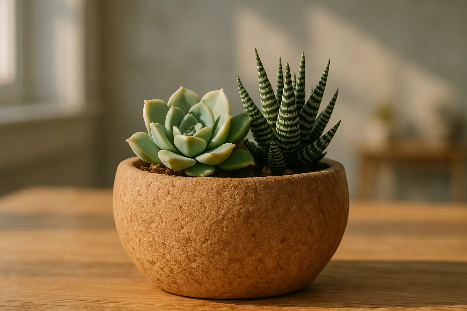 Sustainable cork décor showing plants growing in a cork pot, highlighting eco-friendly design